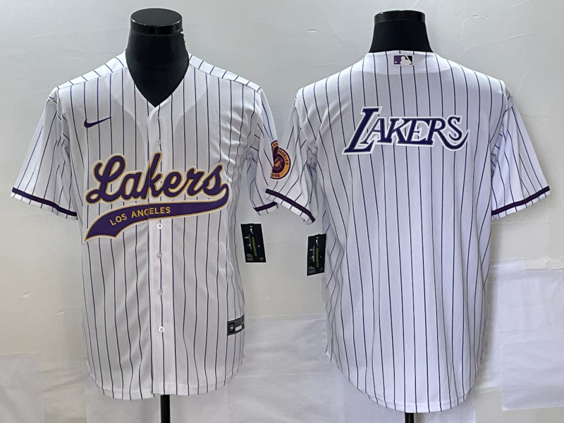 Men's Los Angeles Lakers White Team Big Logo Cool Base With Patch Stitched Baseball Jersey Men's Los Angeles Lakers White Team Big Logo Cool Base With Patch Stitched Baseball Jersey